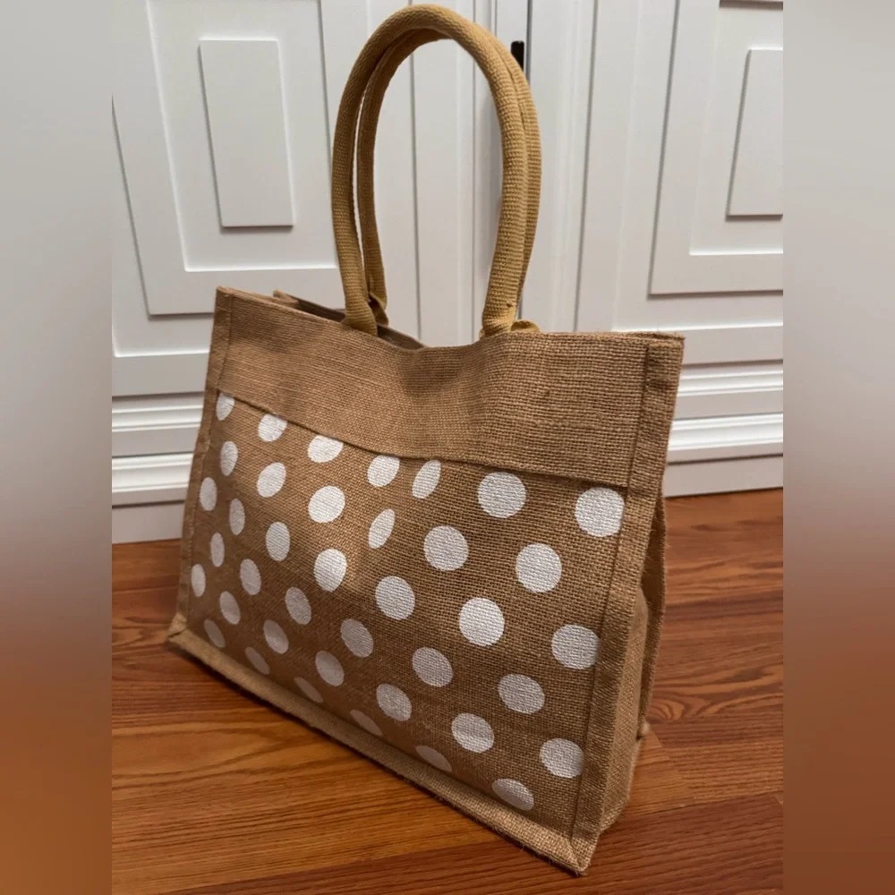Polka Dot Tote Bag - Tan and White